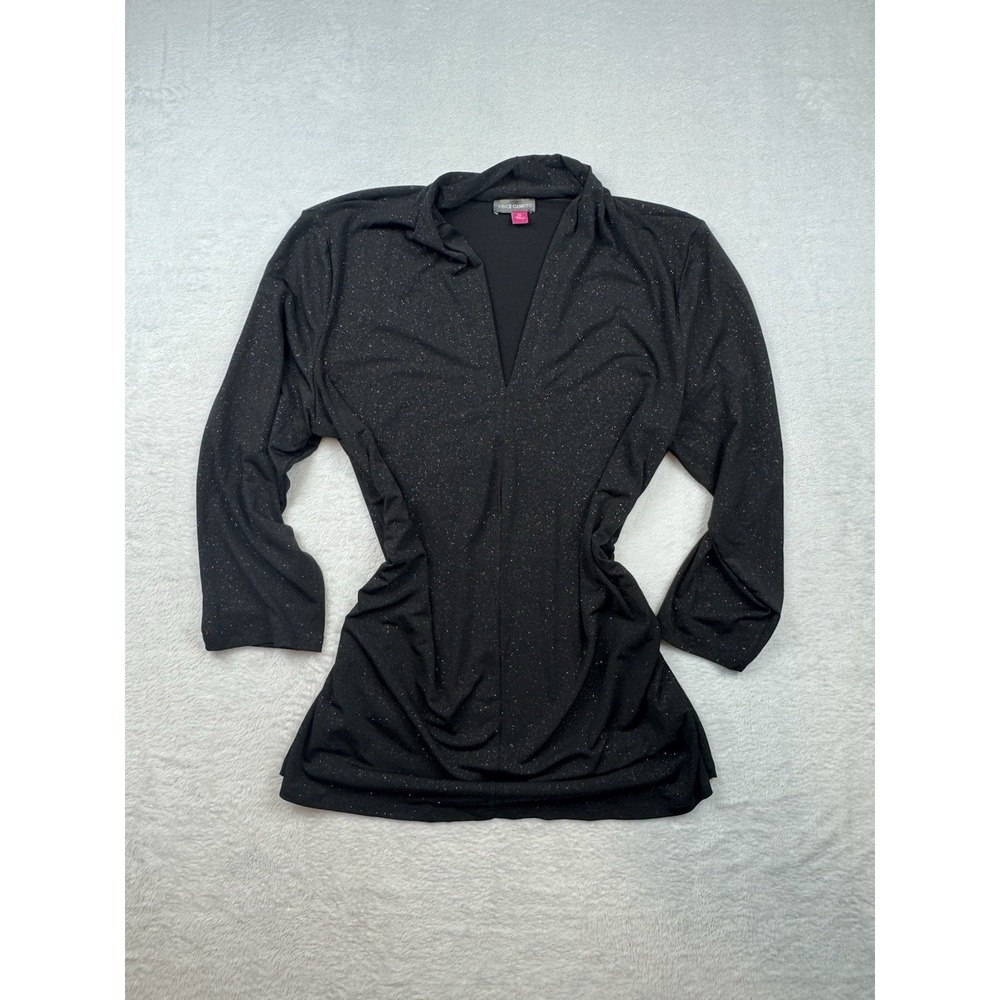 Vince Camuto XL Ruched V-Neck Top Women Black Silver Glitter Shimmer